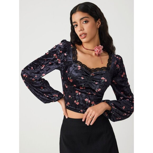 Cider Tops - NWT Cider Velvet Sweetheart Floral Lace Long Sleeve Cropped Blouse Black 2XL